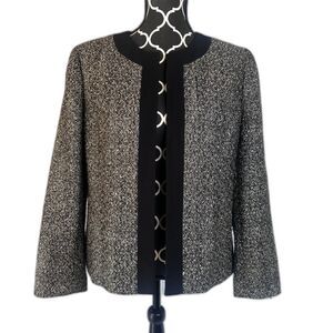 Kasper Separates Metallic Tweed Contrast Black Trim Open Front Blazer Size 14P